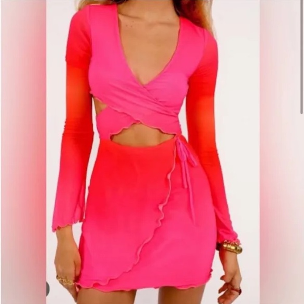 Pink orange gradient cutout mini dress Tiger Mist XS long sleeve